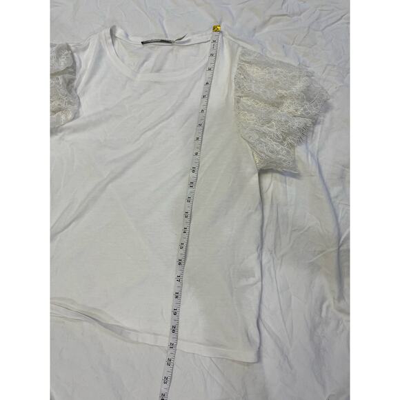 Alice & Olivia White Lace Sleeve Crop Stretchy Romantic Darcelle T-Shirt Medium - Picture 8 of 11